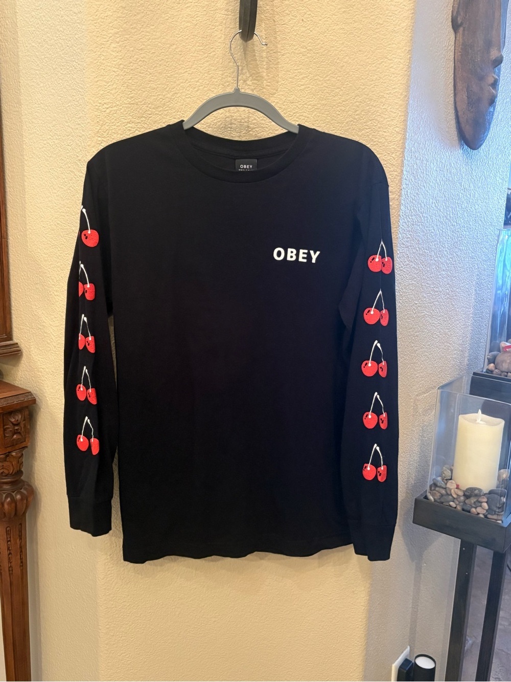 Obey Black Long Sleeve Tee with Red Cherry Sleeve Print Size Small
